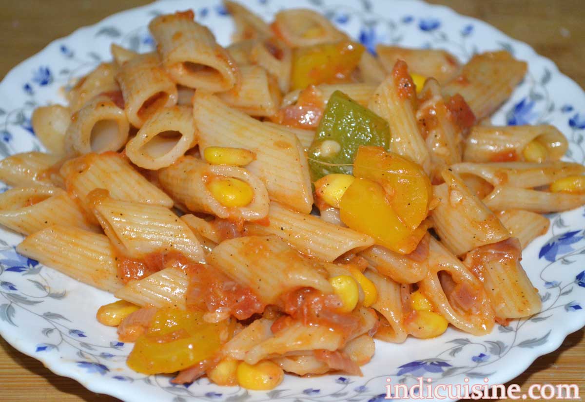red sauce pasta with sweet corn and capsicum final image